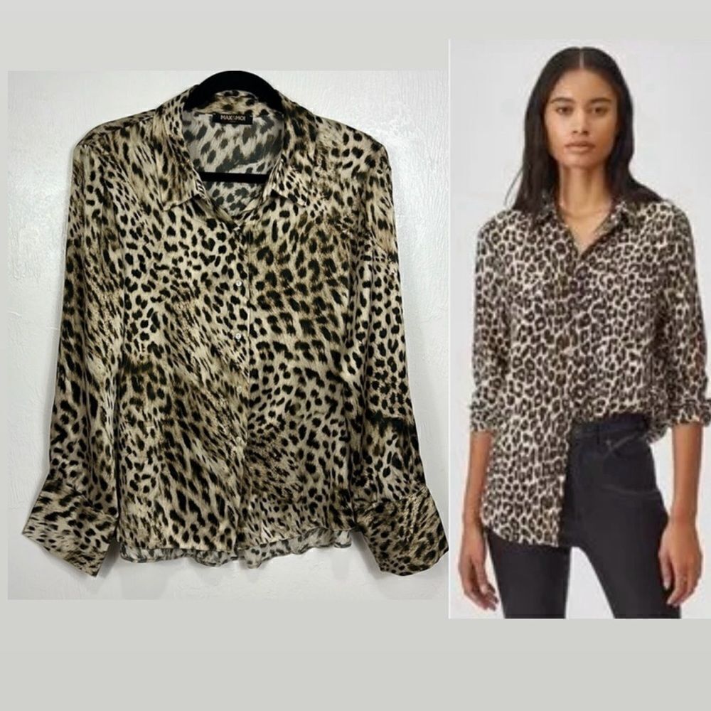 Max & Moi Paris Leopard Print Silk Long Sleeve Button Down Shirt Size L